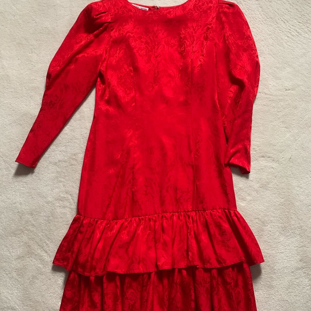 Vintage Drop Waist Ruffle Silk Dress Rose Pattern